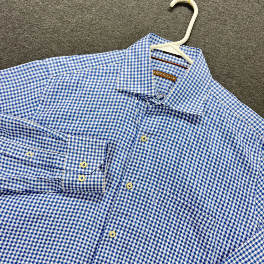 Peter Millar Shirt Mens M Blue Gingham cloth Button Up Long Sleeve Cotton Casual